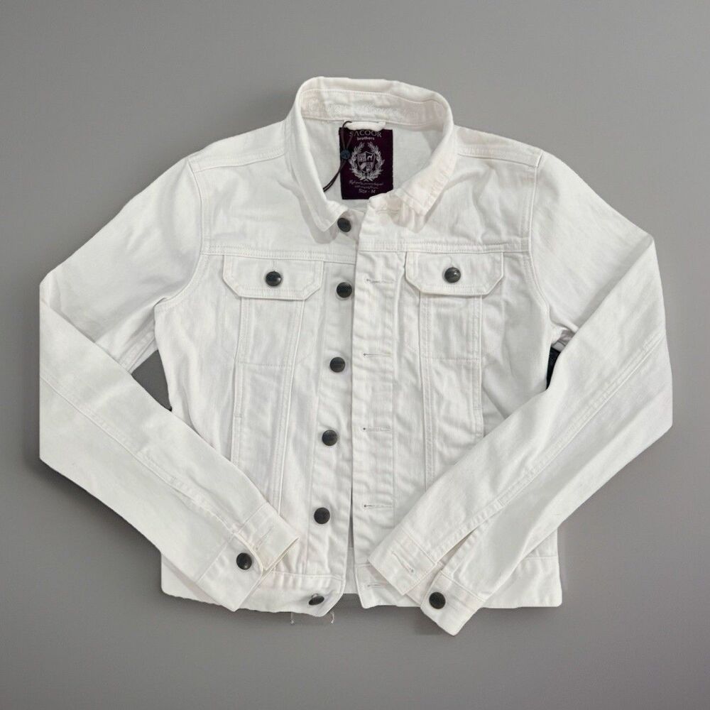 Sacoor Brothers White Denim Jacket M Cotton Stretch Button Front Casual